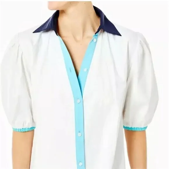 ADDISON BAY ISLE DRESS 100% Poplin Cotton White Blue Pipping Drop Waist Midi Sma - Picture 3 of 11